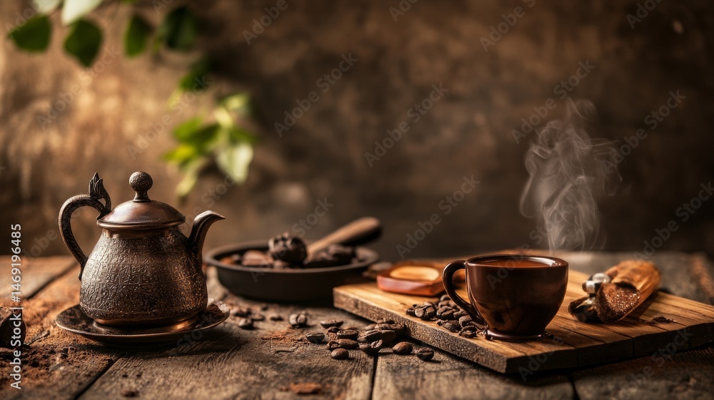 Vintage tea setting with kettle cup and pastries on wooden board in warm natural background garden