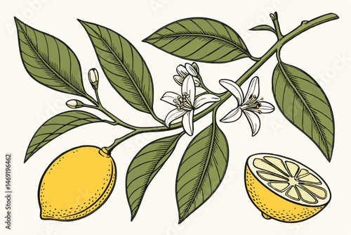 49 detailed botanical illustration, realistic rendering, lemon tree, green leaves, yellow lemons, blooming flowers, detailed textures, vivid colors, photorealistic, botanical illustration, plant study