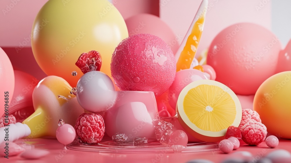 Fruity candy fantasy pastel background with spheres lemon and raspberries in creative sweet illustration