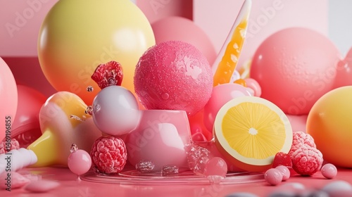 Fruity candy fantasy pastel background with spheres lemon and raspberries in creative sweet illustration
