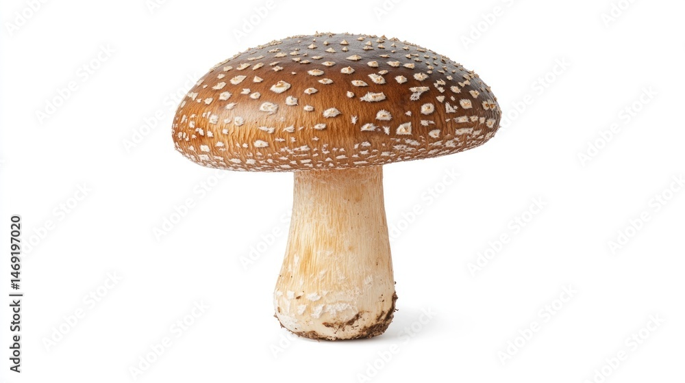 Obraz premium Single, whole mushroom, light brown cap with dark brown spots, creamy beige stem