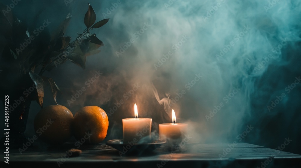 Still life with candles fruit and smoke in dark atmospheric setup with spiritual ceremonial theme