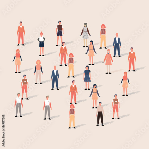 Illustration of a Diverse Group of People Standing in a Scattered Formation – Concept of Inclusivity and Community