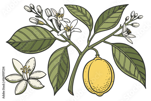 49 detailed botanical illustration, realistic rendering, lemon tree, green leaves, yellow lemons, blooming flowers, detailed textures, vivid colors, photorealistic, botanical illustration, plant study