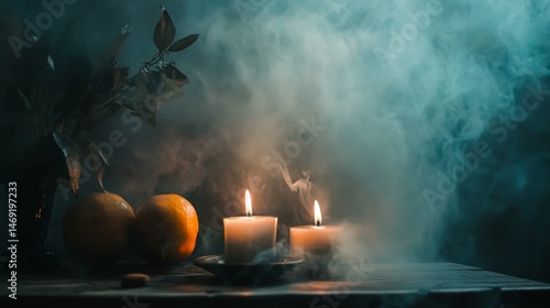 Obraz na płótnie Still life with candles fruit and smoke in dark atmospheric setup with spiritual ceremonial theme w salonie