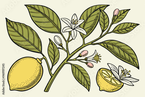 49 detailed botanical illustration, realistic rendering, lemon tree, green leaves, yellow lemons, blooming flowers, detailed textures, vivid colors, photorealistic, botanical illustration, plant study