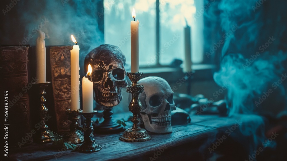 Gothic still life with candle skull and mist in mysterious dark vintage room photography setup