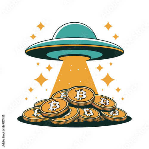 Retro style t shirt design ufo shining light on a pile of bitcoin.
