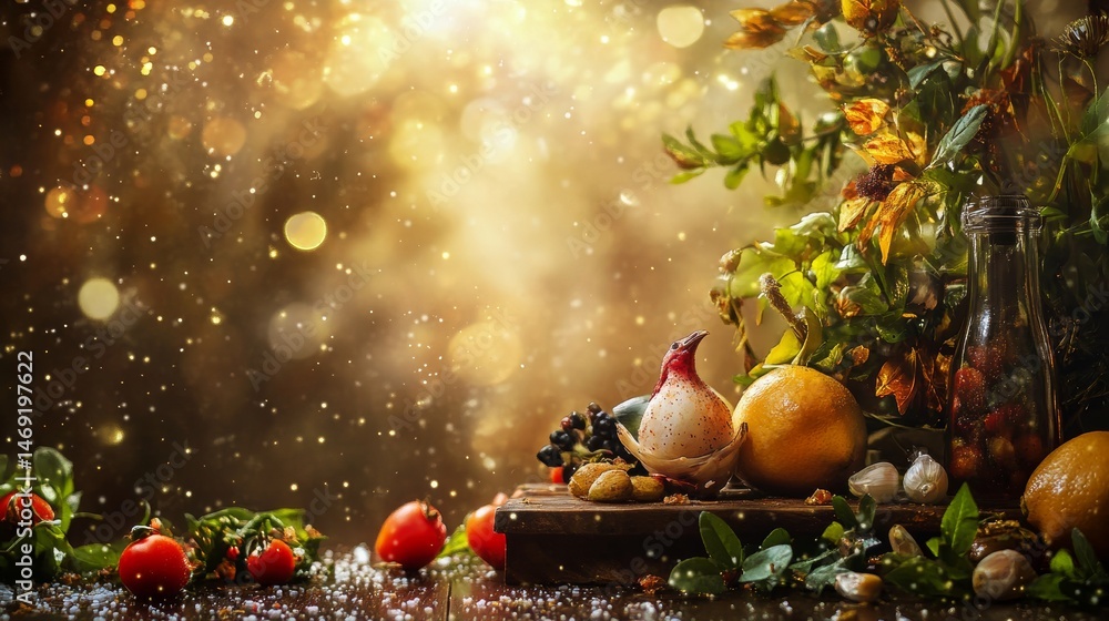 Abundant fresh fruit and vegetables on rustic table with golden bokeh sparkles and sunlight atmosphere