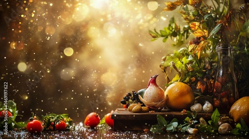 Obraz na płótnie Abundant fresh fruit and vegetables on rustic table with golden bokeh sparkles and sunlight atmosphere w salonie