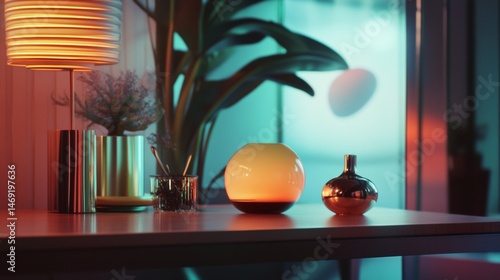 Moody interior still life with plants and glowing objects in modern colorful atmospheric evening light