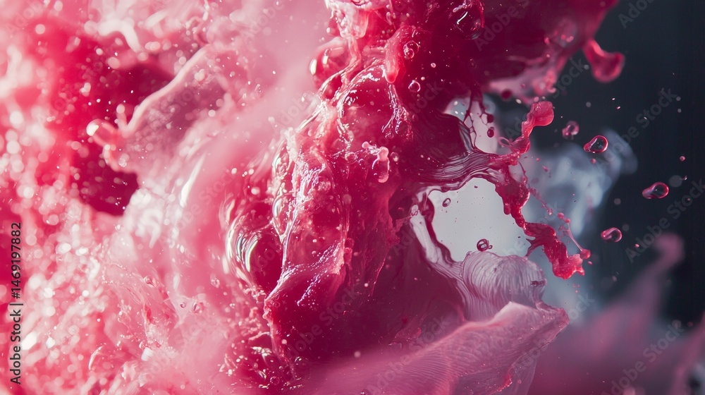 Pink splash explosion in liquid motion with white foam on cyan background in vivid energy abstract