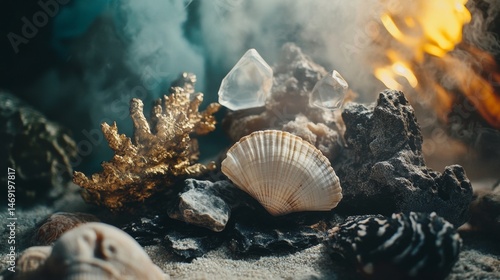 Obraz na płótnie Dark underwater reef with corals seashells and soft light creating deep ocean mysterious ambiance w salonie