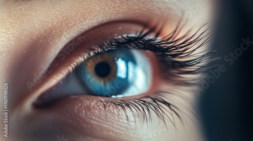 Macro photo of human blue eye with sharp lashes and bright reflection in emotional artistic portrait