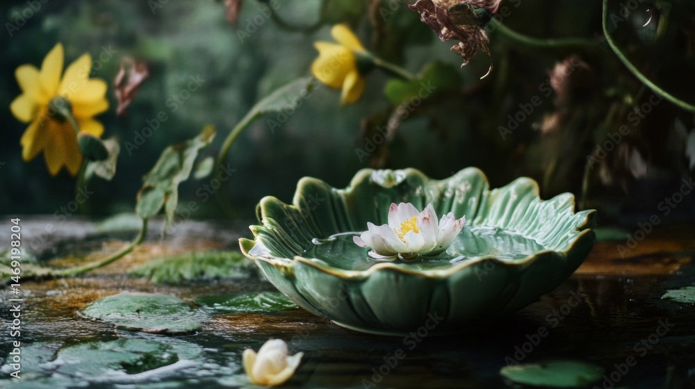Blooming white lotus flower in calm pond with lily pads and natural outdoor soft reflection light