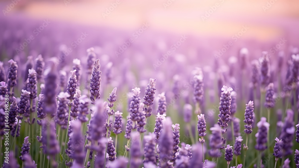 Serene and blooming lavender field with soft focus and warm sunset light Serene and blooming lavender field with soft focus and warm sunset light