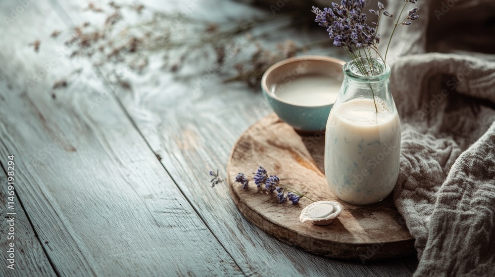 Milk bottle and glass with lavender flower on rustic wooden board in morning light aesthetic scene