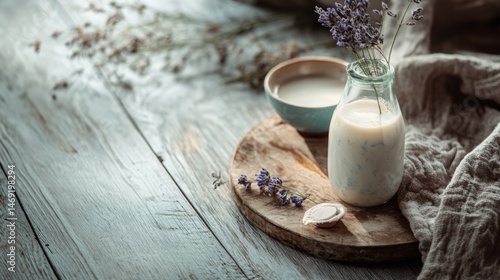 Obraz na płótnie Milk bottle and glass with lavender flower on rustic wooden board in morning light aesthetic scene w salonie