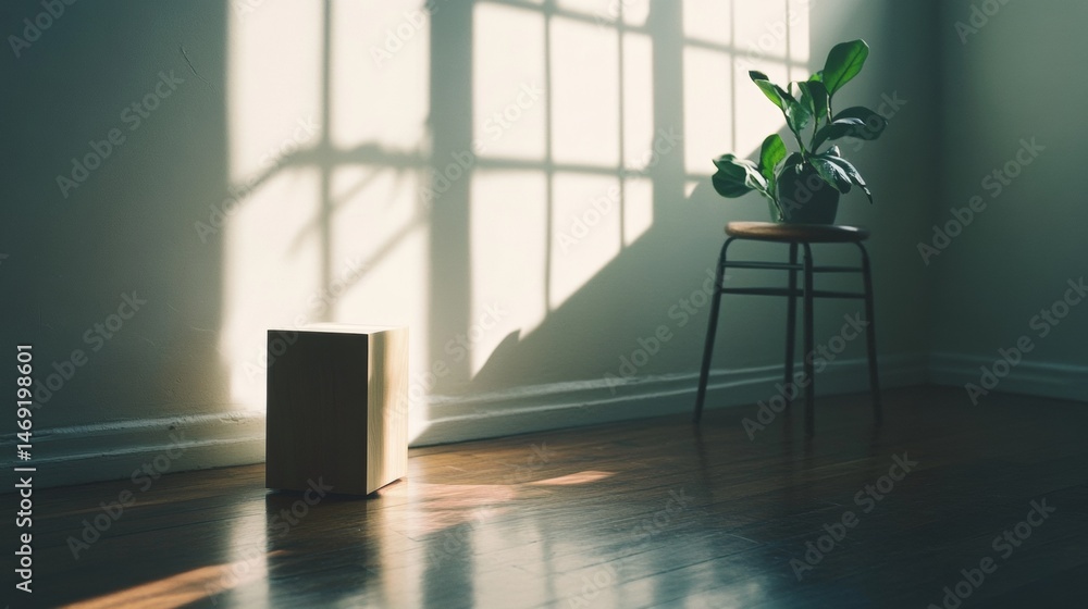 Empty modern interior with chair cube and potted plant in shadow casting sunlight across wooden floor