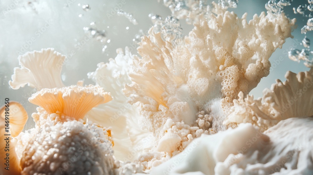Closeup soft coral reef with golden sunlight underwater showing detailed ocean texture and sea life