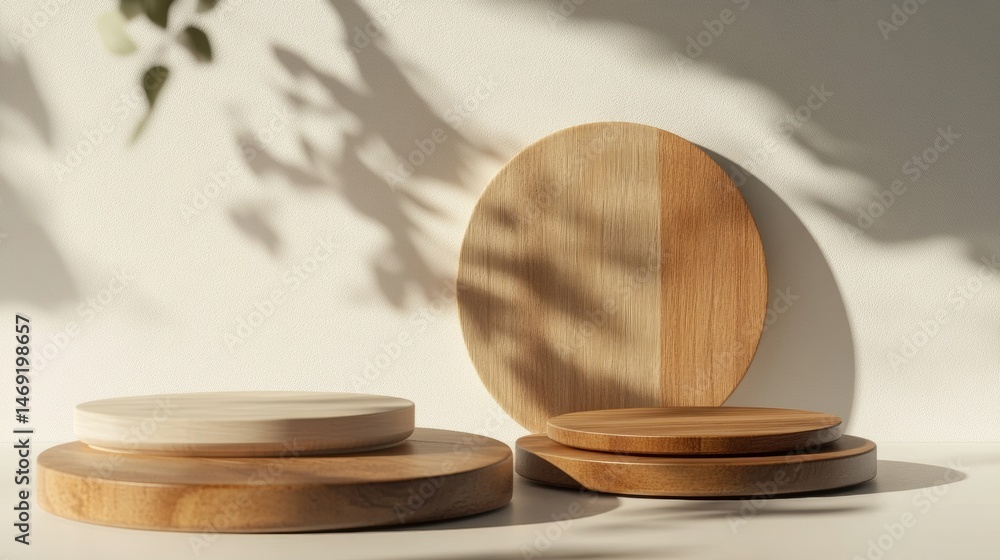Minimal podium with round wooden platforms casting shadows on white wall in neutral product photography