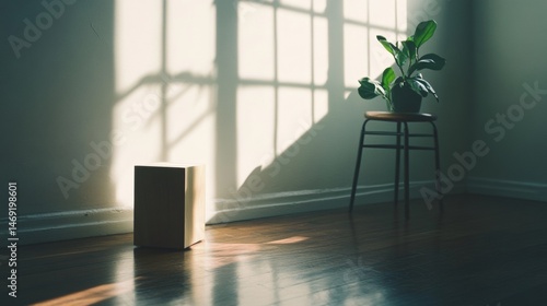 Empty modern interior with chair cube and potted plant in shadow casting sunlight across wooden floor