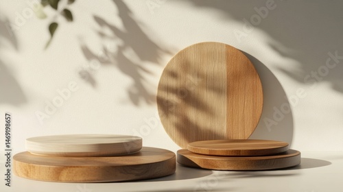 Obraz na płótnie Minimal podium with round wooden platforms casting shadows on white wall in neutral product photography w salonie