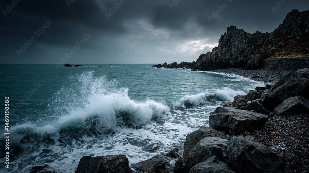 Fototapeta premium Dramatic stormy seas crashing on rocks