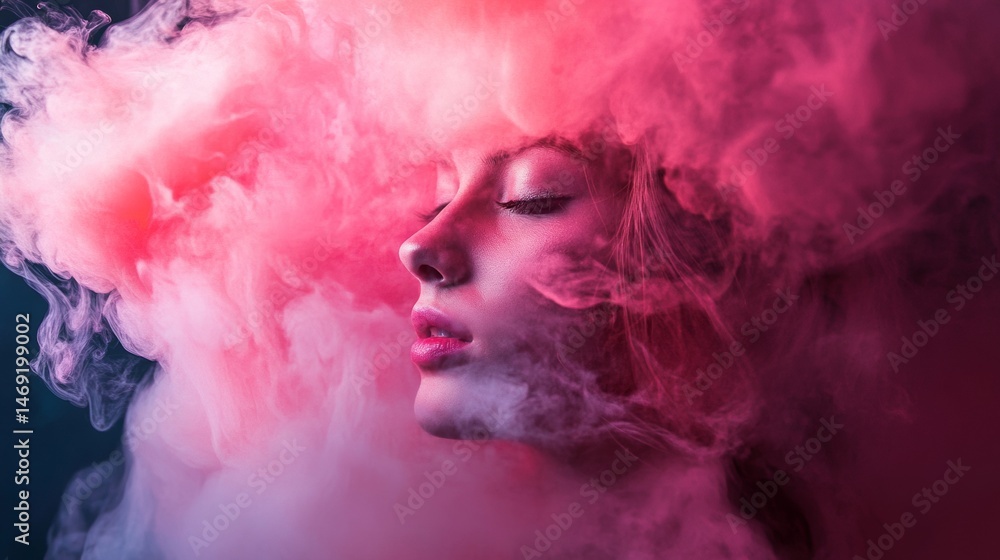 Woman’s dreamy face in swirling pink smoke with soft light surreal portrait concept photography