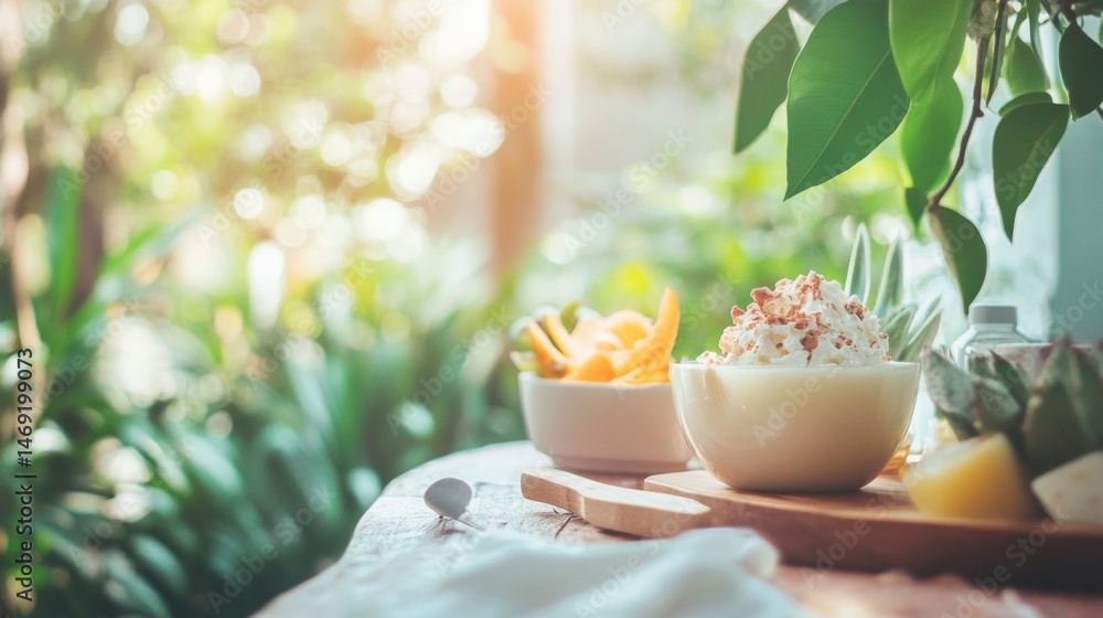 Healthy breakfast bowl with fruits and cereals on white table near leafy window morning glow
