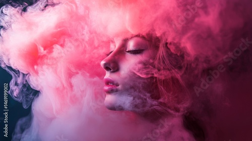 Obraz na płótnie Woman’s dreamy face in swirling pink smoke with soft light surreal portrait concept photography w salonie