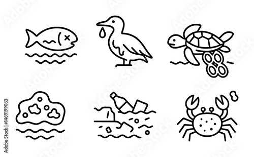 Ocean pollution outline icons set – marine, environmental, conservation symbols