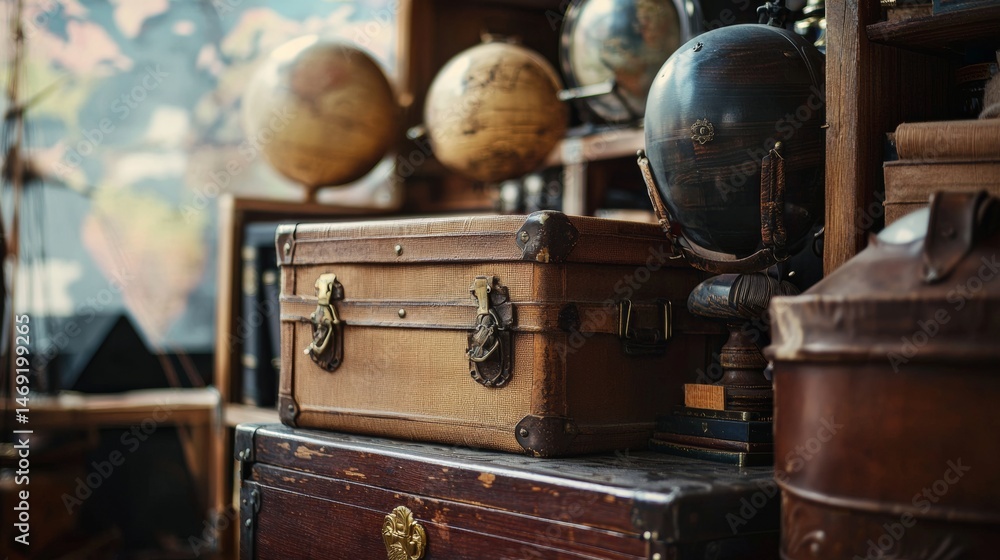 Old globe collection with vintage suitcase and antique books in warm nostalgic lighting scene