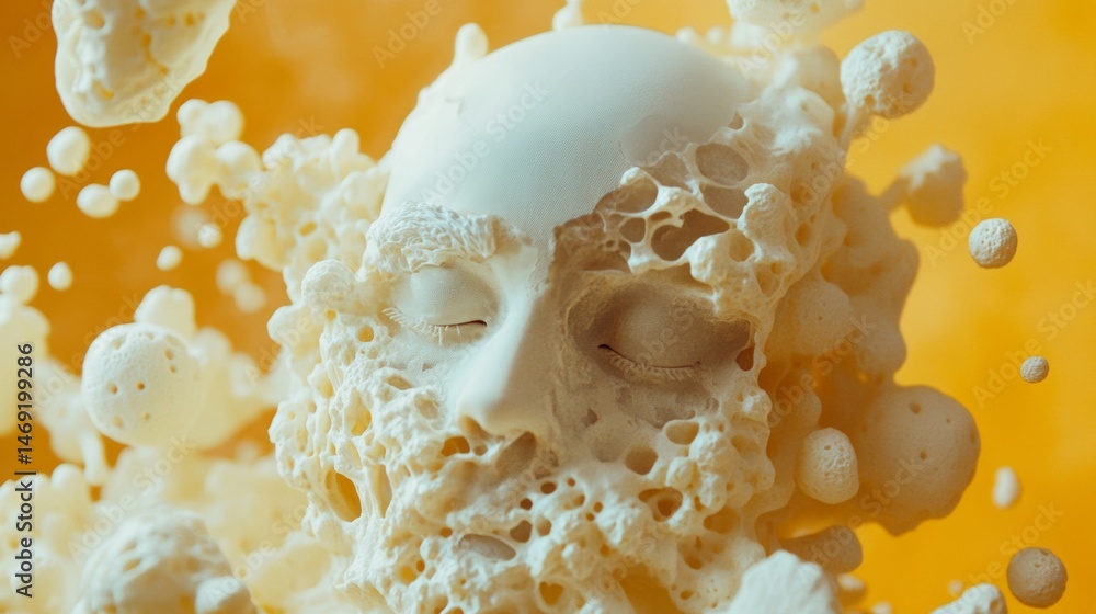 Abstract human face sculpture breaking into particles in golden yellow artistic surreal visual