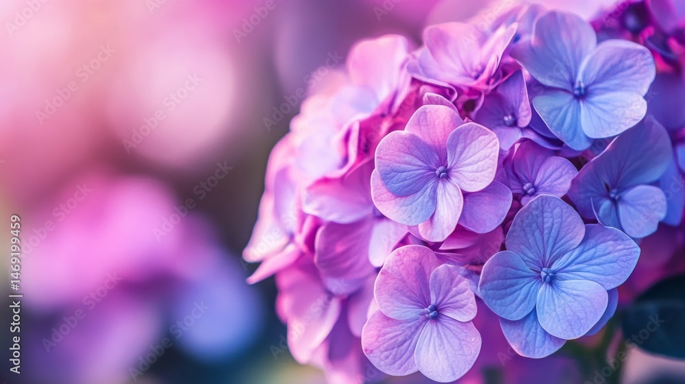 Purple hydrangea flowers with blurry dreamy background and soft lighting pastel romantic mood