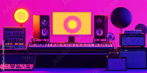 Retro Electronic Music Studio with Speakers, Keyboards, and Neon Lighting