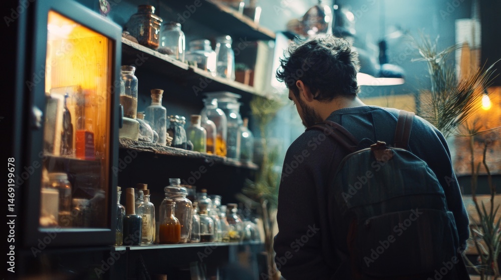 Man with backpack browsing dark rustic shelves filled with glass bottles and natural lighting