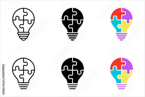 Jigsaw puzzles on light bulb icon vector set. Solution symbol isolated on white background. Idea conceptual concept