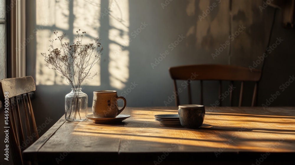 Rustic morning cafe table by window with cups and natural soft shadow cast on wall