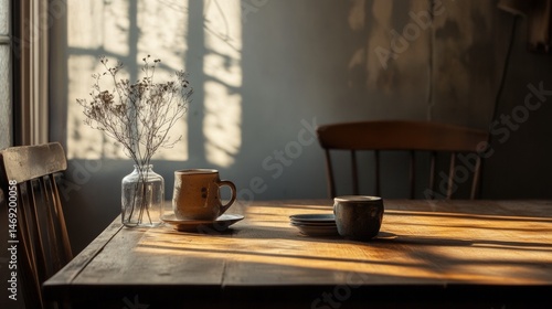 Obraz na płótnie Rustic morning cafe table by window with cups and natural soft shadow cast on wall w salonie