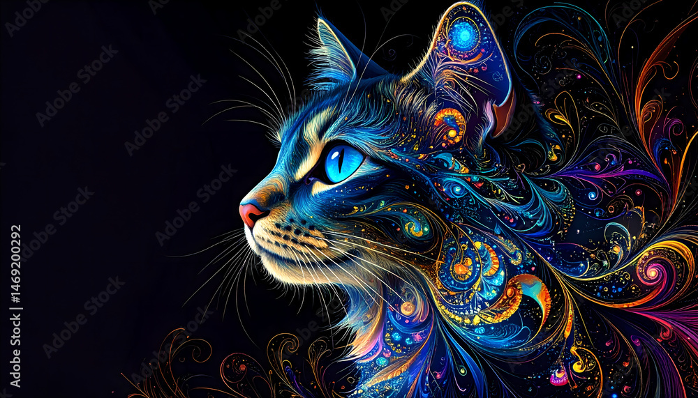 Fototapeta Vibrant Artistic Cat Portrait: Profile View, Digital Painting, Dark Background