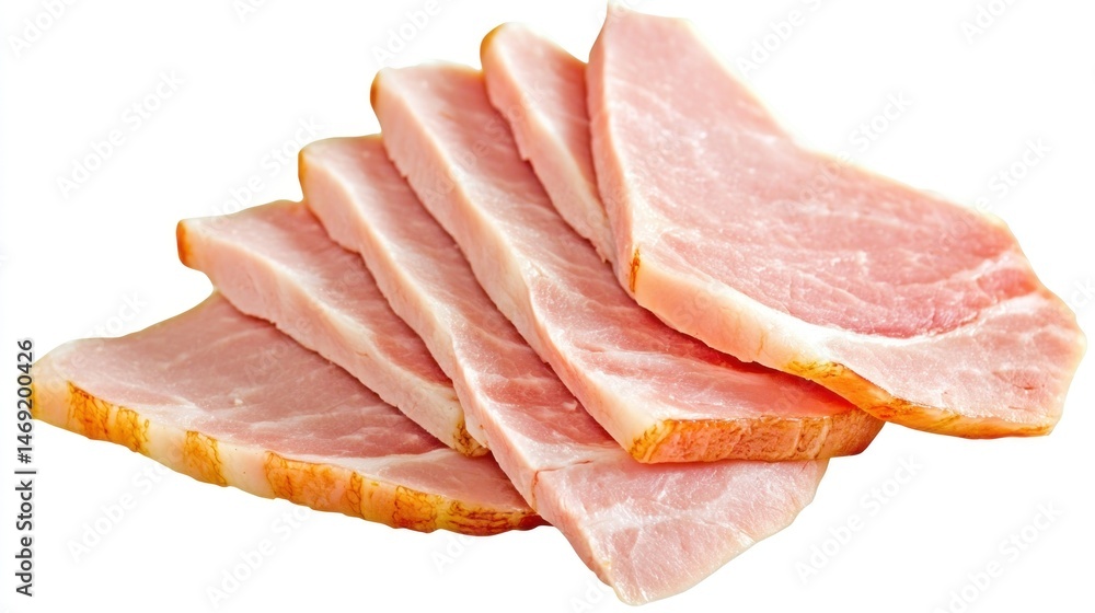Sliced cured ham. Stacked, lean slices of cooked meat Sliced cured ham. Stacked, lean slices of cooked meat