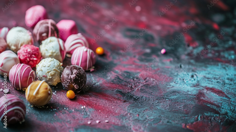 Elegant truffle bonbons scattered on artistic blue and pink painted abstract dessert table