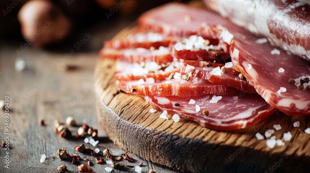 Close up view of freshly sliced ham on rustic wooden board with pepper and crumbs