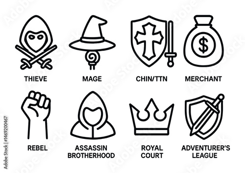 Fantasy gaming icons set – outline, adventure, role-playing symbols