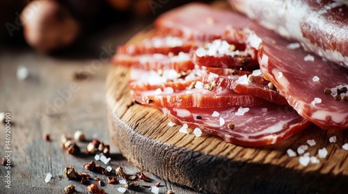 Obraz na płótnie Close up view of freshly sliced ham on rustic wooden board with pepper and crumbs w salonie