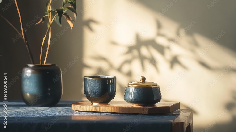 Elegant tea set with ceramic cups and saucers on wooden table in warm morning sunlight