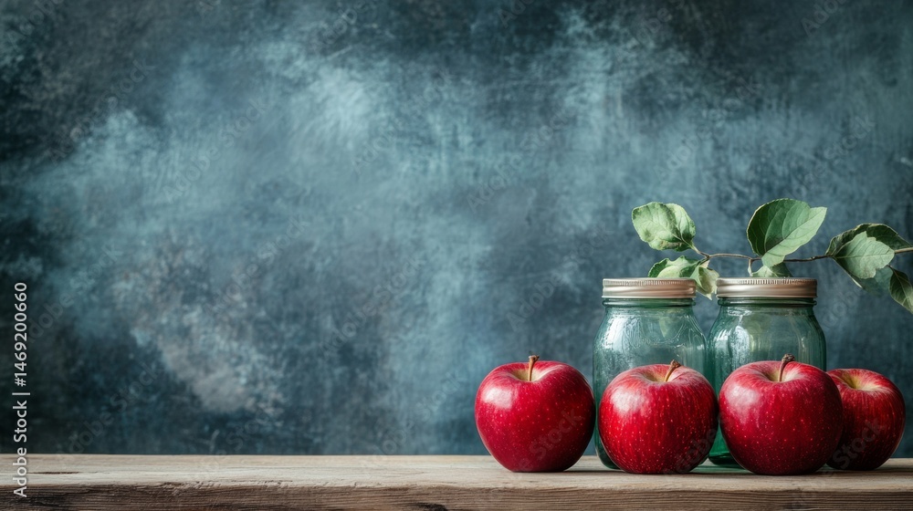 Rustic table with red apples in natural daylight and reflective ceramic jars background decor