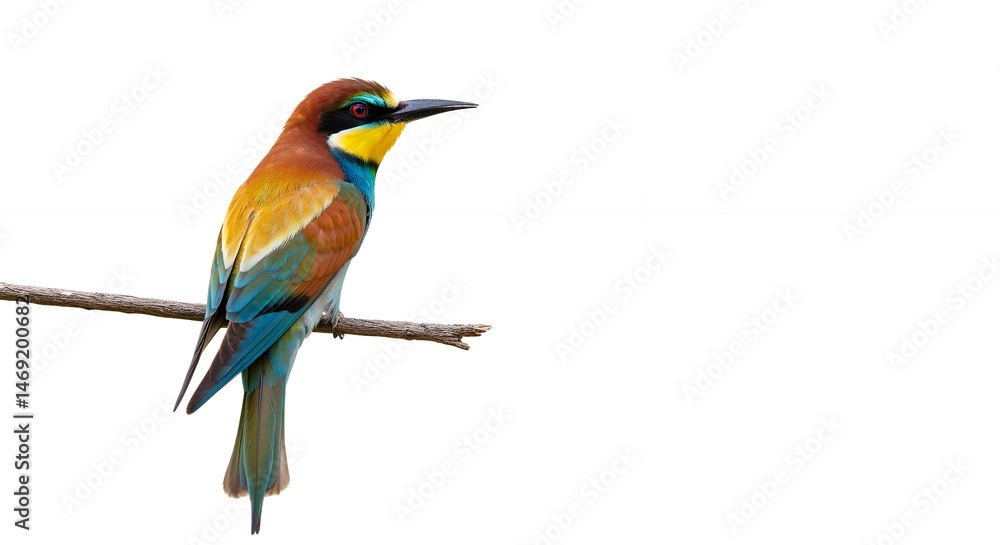 Obraz premium Vibrant European Beeeater Perched on Branch Against a Clean White Background