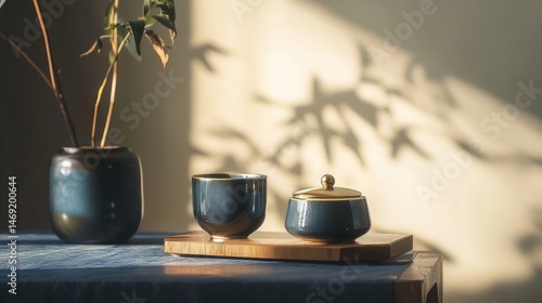 Obraz na płótnie Elegant tea set with ceramic cups and saucers on wooden table in warm morning sunlight w salonie